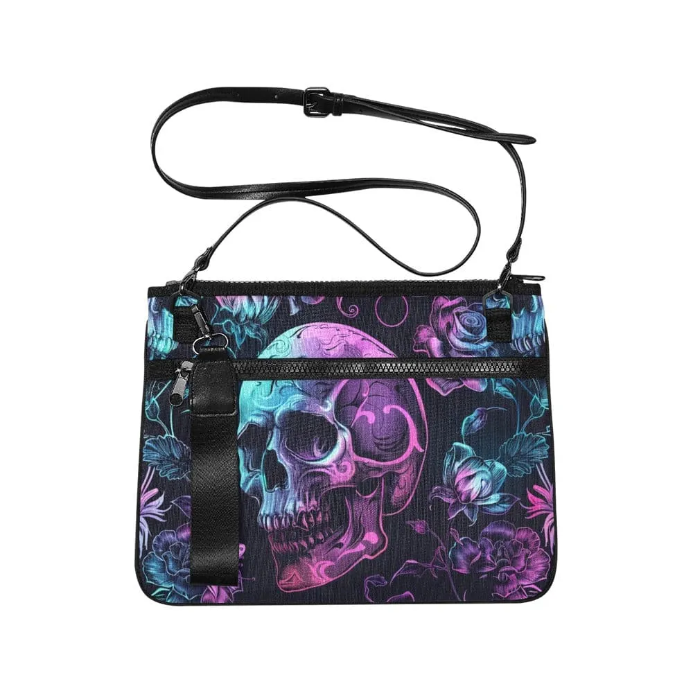 Purple Blue Skull & Floral Pattern Slim Clutch Bag