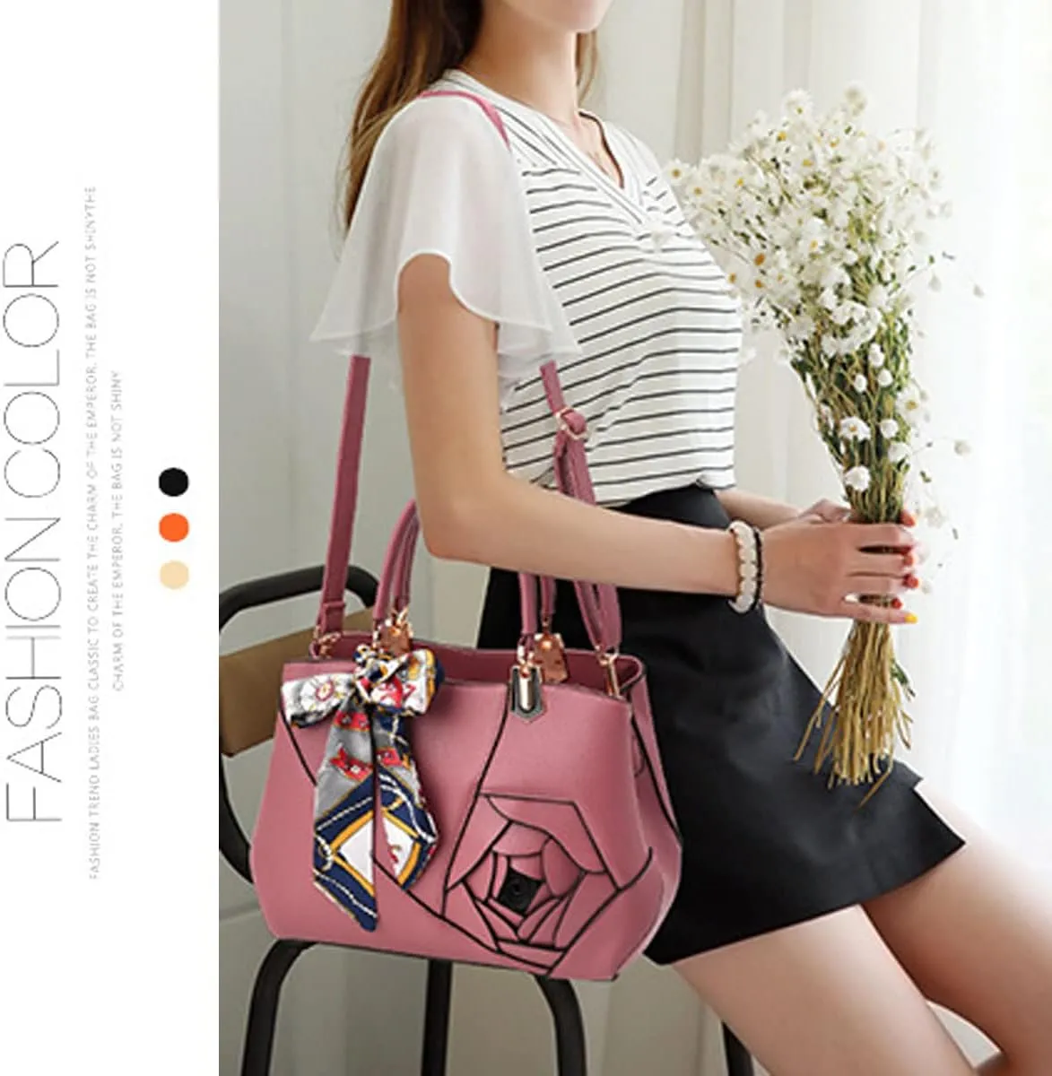 Purses and Handbags for Women PU Leather Top-Handle Satchel Bowknot Shoulder Bag Tote Flower Crossbody Bag(Khaki)