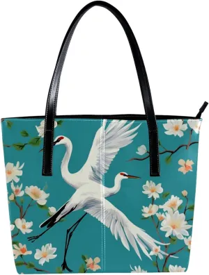 Purses for Women,Tote Bag Aesthetic,Women's Tote Handbags,Crane Floral Green Background