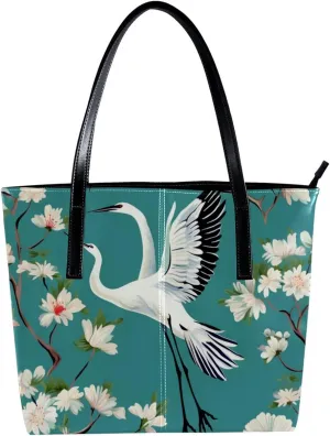 Purses for Women,Tote Bag Aesthetic,Women's Tote Handbags,Crane Floral Green Background