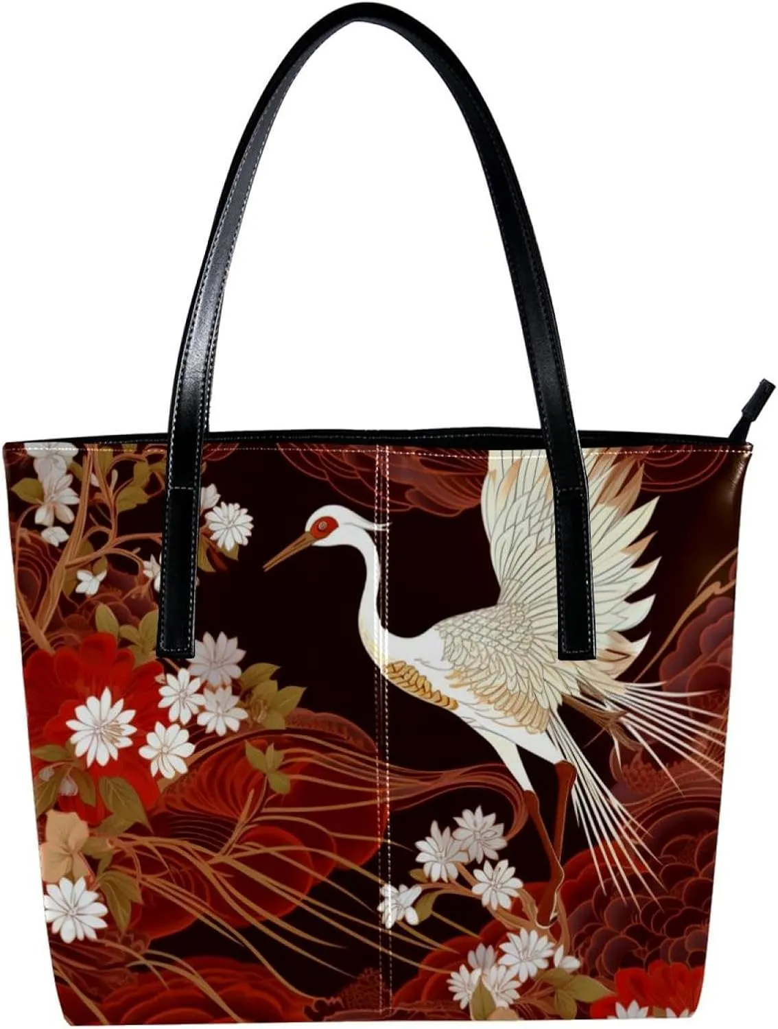 Purses for Women,Tote Bag Aesthetic,Women's Tote Handbags,Crane with Floral Red Background