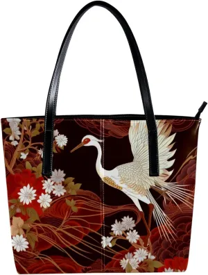 Purses for Women,Tote Bag Aesthetic,Women's Tote Handbags,Crane with Floral Red Background