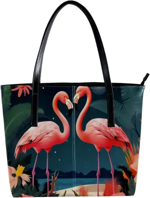 Purses for Women,Tote Bag Aesthetic,Women's Tote Handbags,Floral Flamingos Jungle Moon