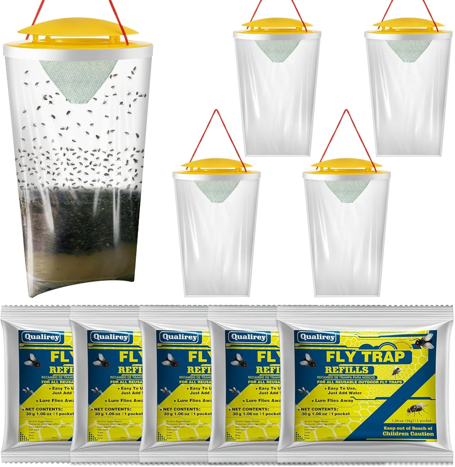 Qualirey 5 Pack Large Fly Bags with Bait, Outdoor Disposable Hanging Flies Traps, Non Toxic Flies Catcher Killer, Fly Trap Bag Helps Control in Backyard, Ranch, Orchard, Barns, Farm