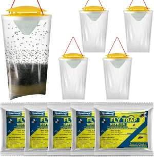 Qualirey 5 Pack Large Fly Bags with Bait, Outdoor Disposable Hanging Flies Traps, Non Toxic Flies Catcher Killer, Fly Trap Bag Helps Control in Backyard, Ranch, Orchard, Barns, Farm