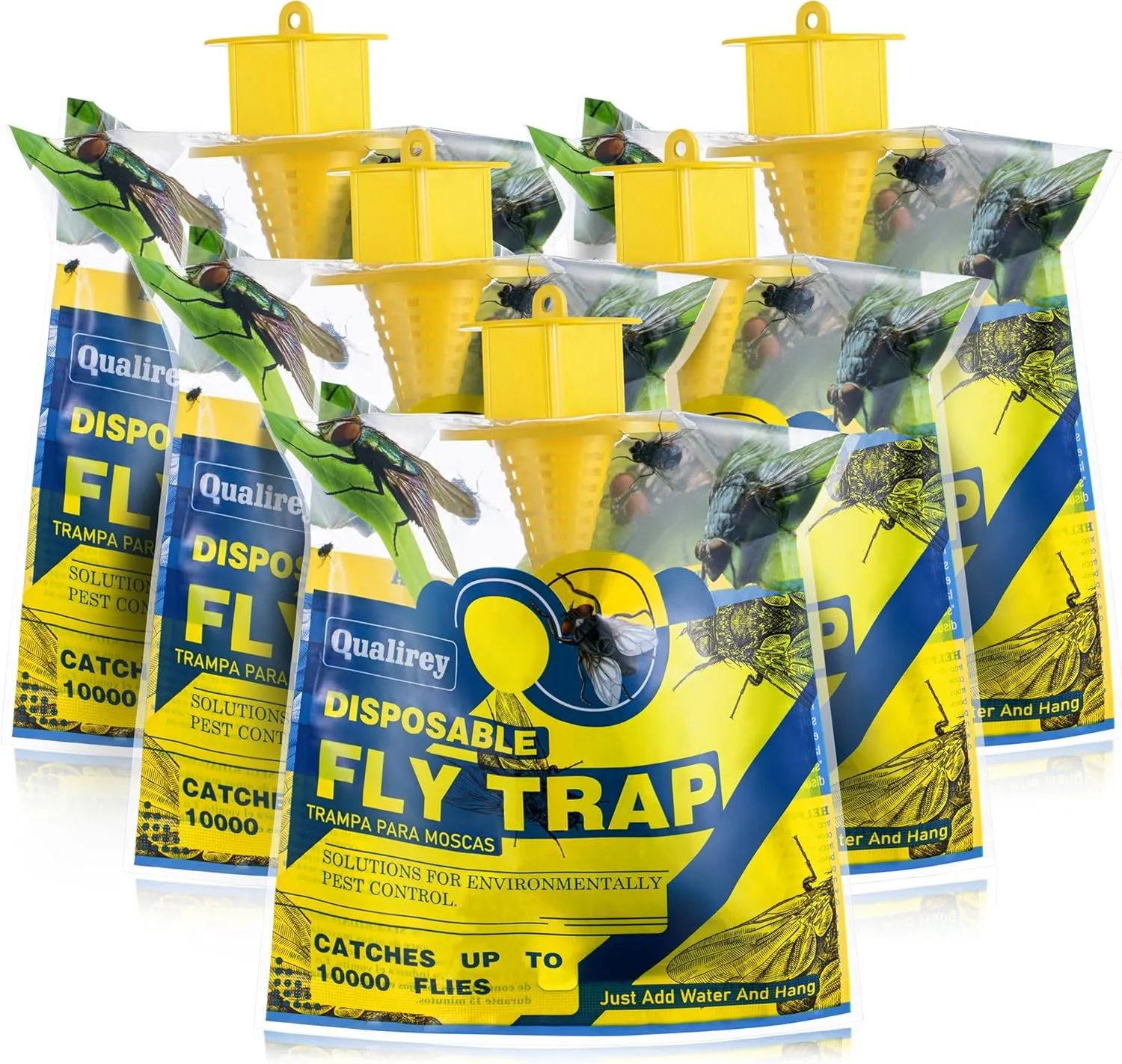 Qualirey 5 Pack Outdoor Fly Bags with Bait, Disposable Hanging Fly Traps, Pet Safe Flies Control, Bug Catcher Killer, Trap Bag Helps Control Horse Flies in Backyard, Ranch, Orchard, Barns, Farm