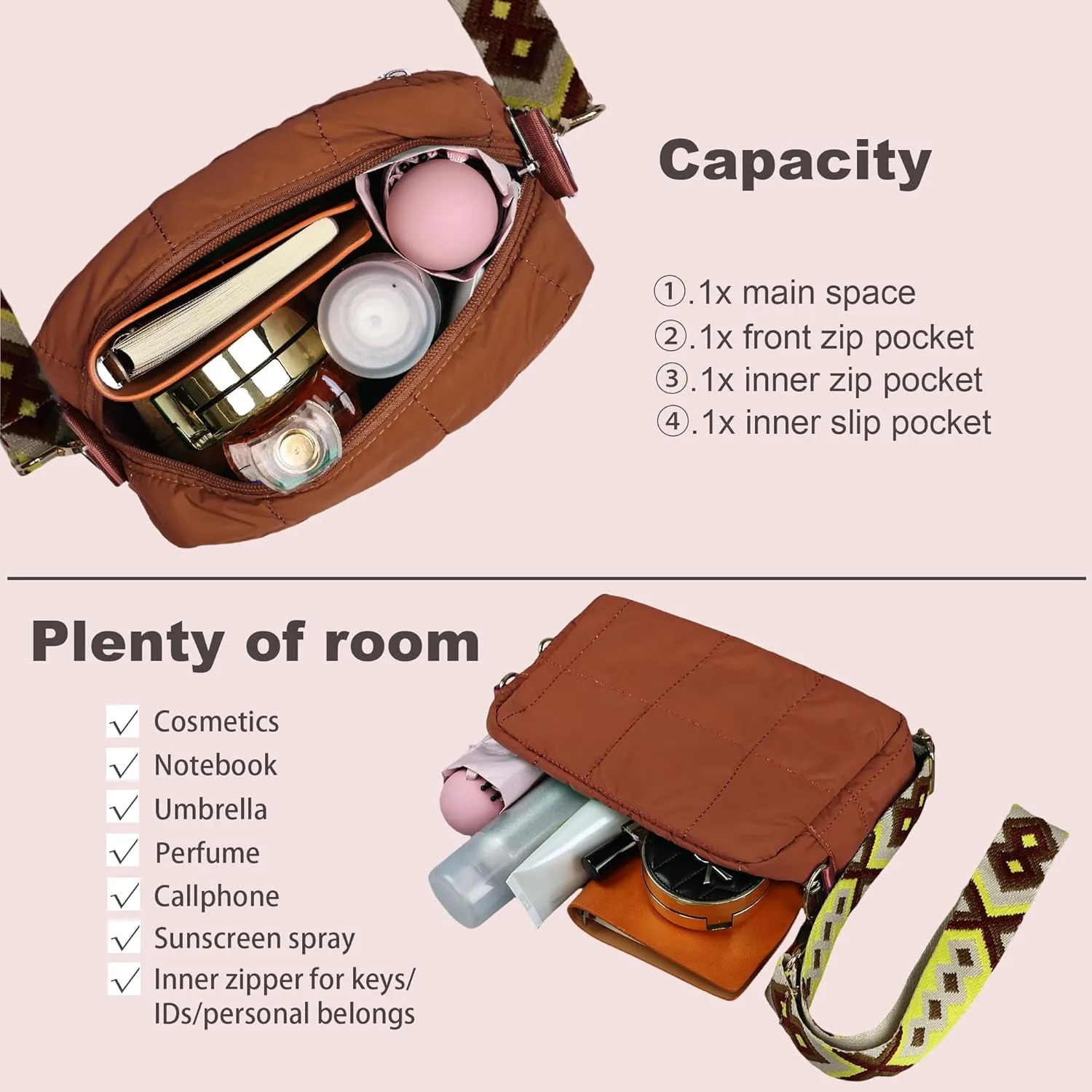 Quilted Crossbody Bags for Women Puffer Shoulder Bag with Adjustable Wide Strap Puffy Dupes Nylon Crossbody Purse