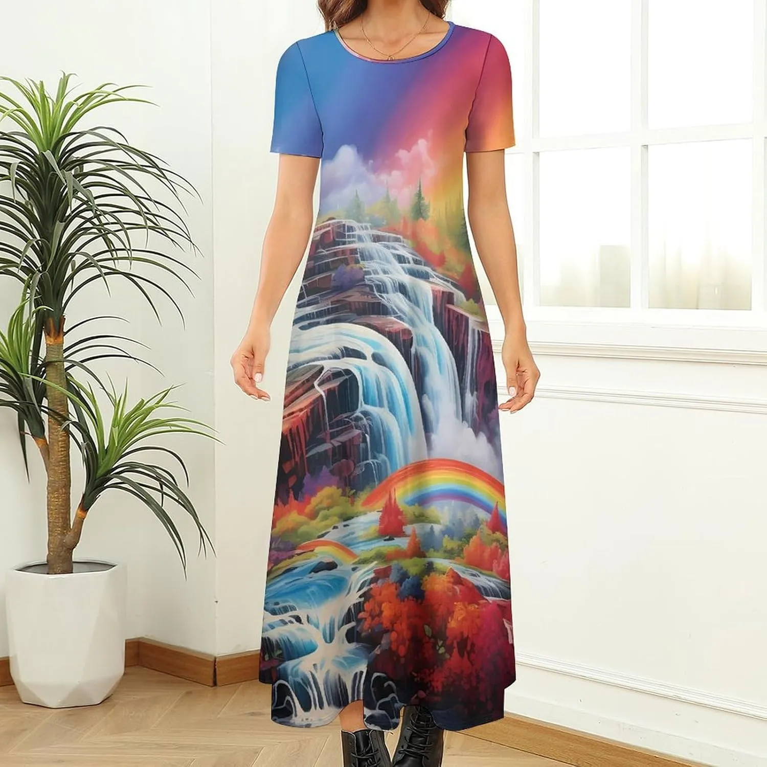 Rainbow Cascade Women's Short Sleeve Maxi Dress Summer Casual Crewneck Long Dresses