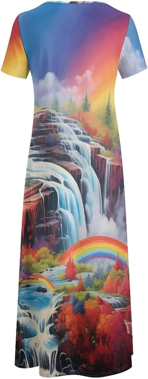 Rainbow Cascade Women's Short Sleeve Maxi Dress Summer Casual Crewneck Long Dresses