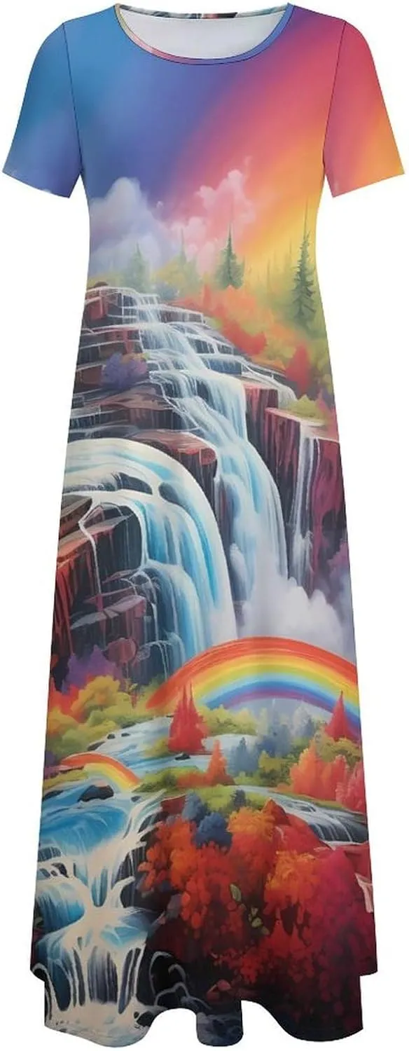 Rainbow Cascade Women's Short Sleeve Maxi Dress Summer Casual Crewneck Long Dresses