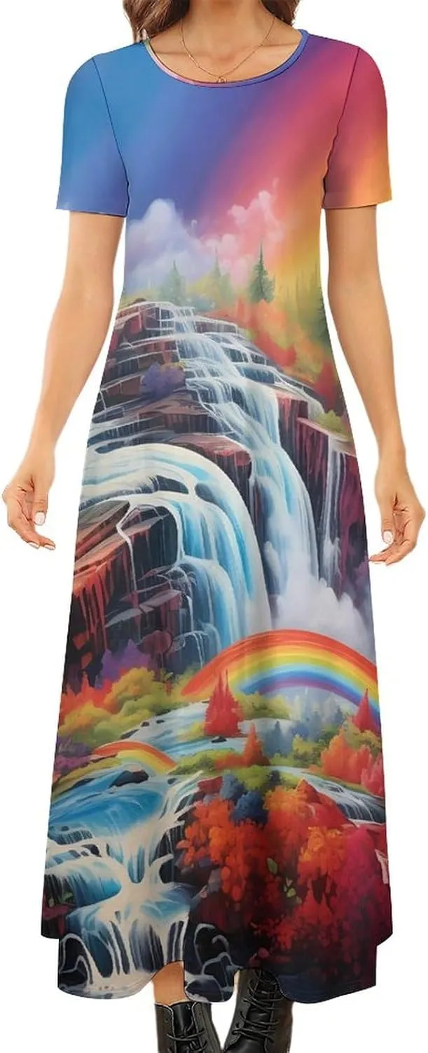 Rainbow Cascade Women's Short Sleeve Maxi Dress Summer Casual Crewneck Long Dresses