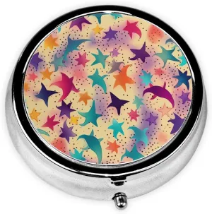 Rainbow Colored Stars Pill Box Round Pill Case for Pocket Purse 3 Compartment Medicine Pill Organizer Cute Portable Travel Pillbox Vitamin Cod Liver Oil Storage Box Unique Gift Organizer