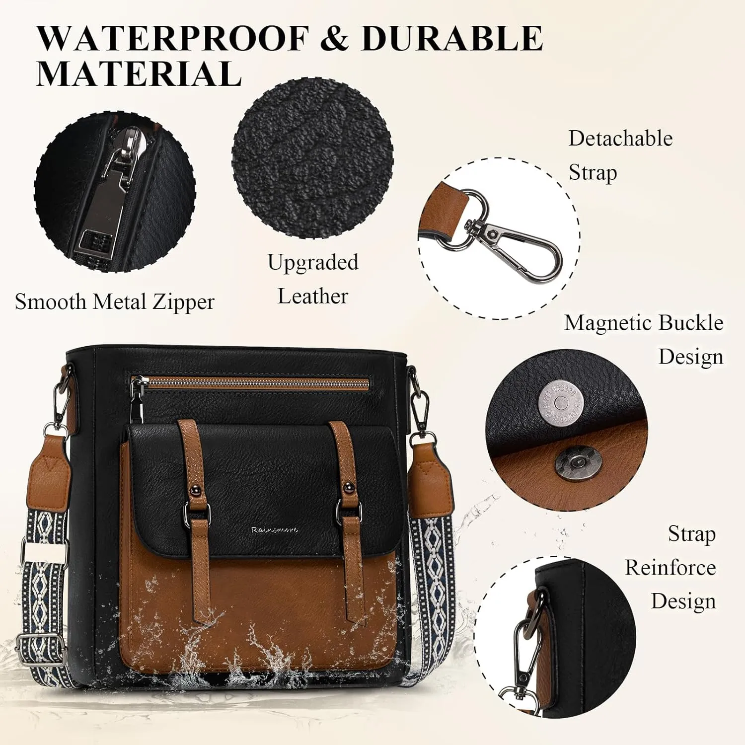RAINSMORE Crossbody Bag for Women, Waterproof Leather Crossbody Purses Lightweight Handbags Shoulder Bag Travel Purse