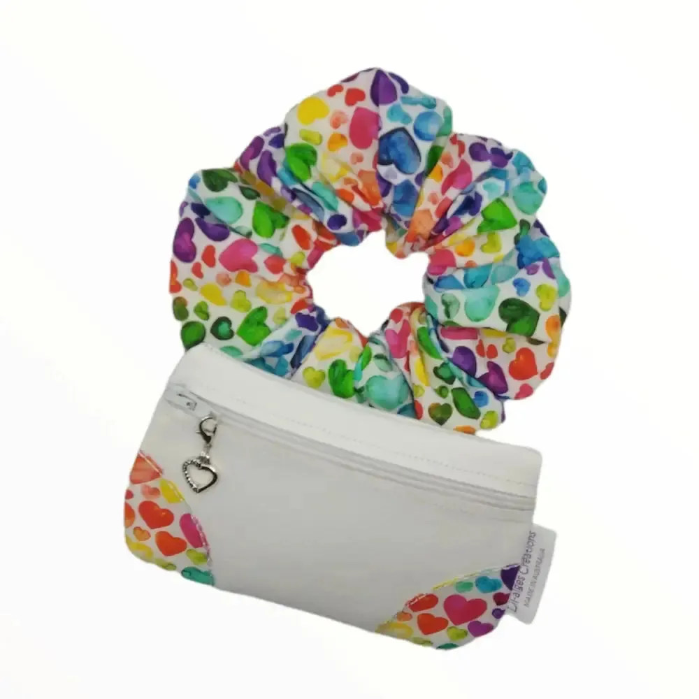 READY TO POST - Rainbow hearts scrunchie and coin purse gift set, made in Australia