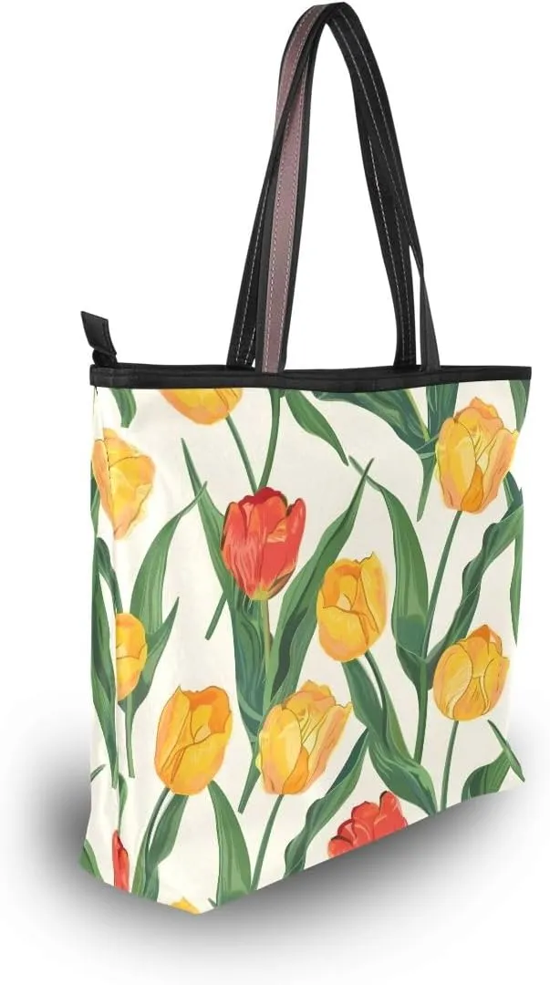 Red and Yellow Tulips Shoulder Bags Large Handle Ladies Handbag