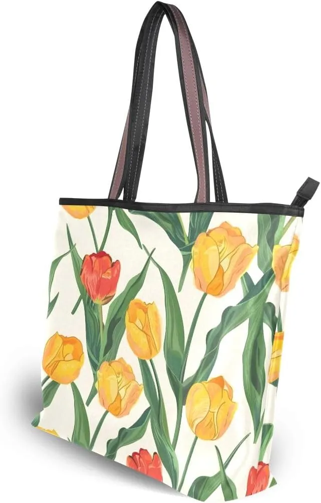 Red and Yellow Tulips Shoulder Bags Large Handle Ladies Handbag