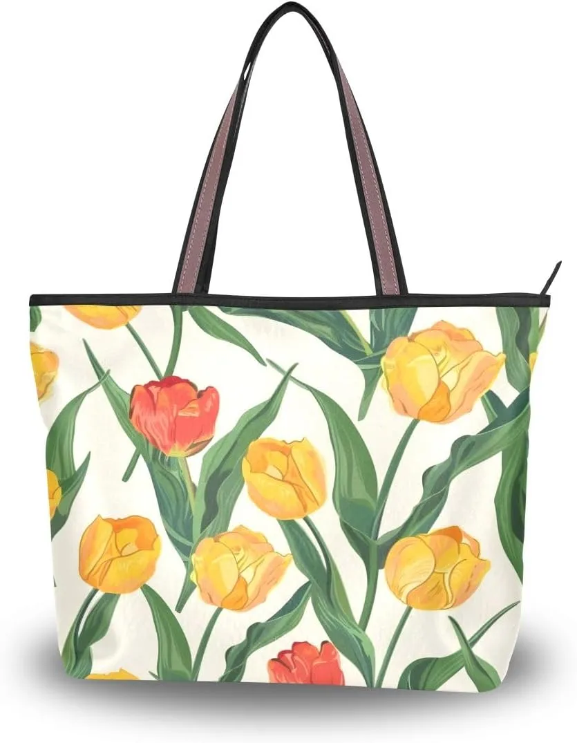 Red and Yellow Tulips Shoulder Bags Large Handle Ladies Handbag