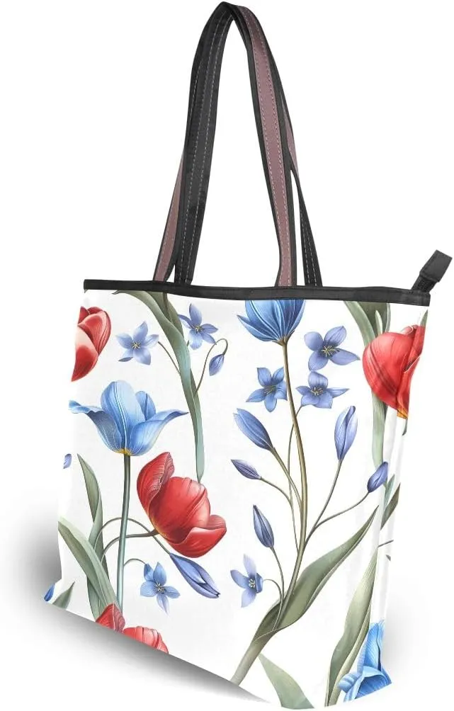 Red Blue Tulips Shoulder Bags Large Handle Ladies Handbag