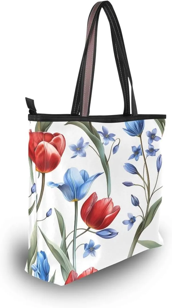 Red Blue Tulips Shoulder Bags Large Handle Ladies Handbag