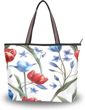 Red Blue Tulips Shoulder Bags Large Handle Ladies Handbag