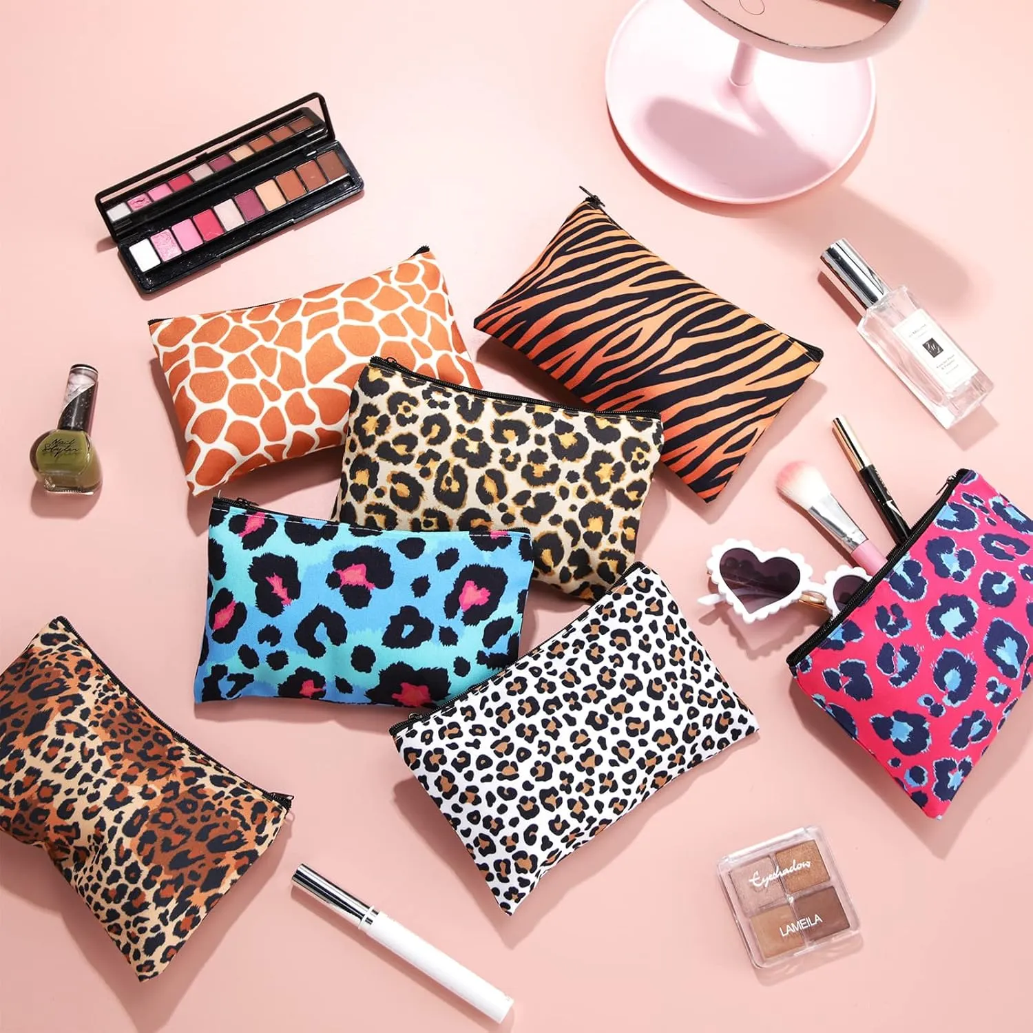 Reginary 20 Pieces Cosmetic Bag for Women, Roomy Makeup Bags with Zipper Toiletry Bag Pouch Travel Packing Accessory Organizer Gifts, 7 x 4.3 Inches(Leopard)