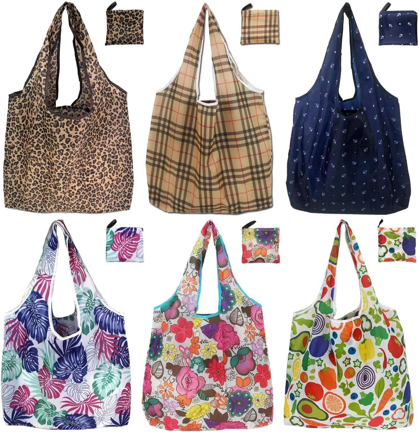 Reusable Grocery Bags, 6 Pack 50Lbs Foldable Fashion Washable Shopping Bags, Large Tote Bags For Groceries, Foldie Beach Bag, Foldable Travel Bag Gifts For Women