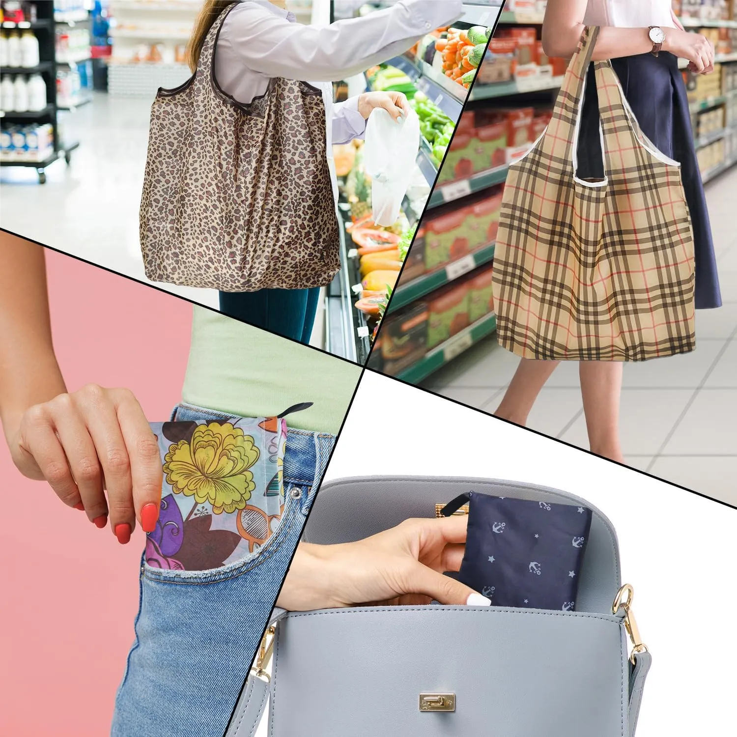 Reusable Grocery Bags, 6 Pack 50Lbs Foldable Fashion Washable Shopping Bags, Large Tote Bags For Groceries, Foldie Beach Bag, Foldable Travel Bag Gifts For Women