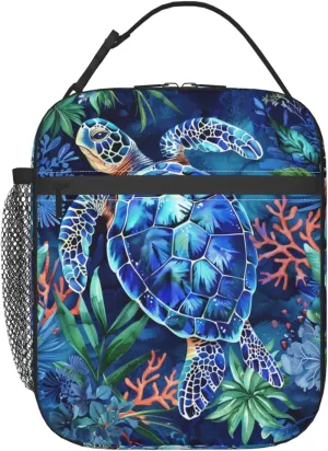 Reusable Sea Turtle Lunch Box for Kids Girls Boys Women Adult, Insulated Tropical Coral and Foliage Lunch Bag,Polyester Cooler Handbags Case for School Picnic Work Travel Beach or Hiking