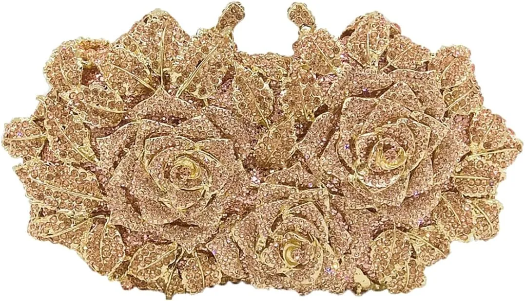 Rose Flower Crystal Purses Sparkly Rhinestone Evening Clutch for Women Wedding Party Cocktail Handbags
