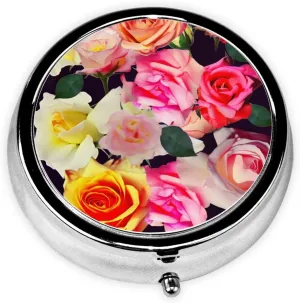 Roses Colored Pill Box Round Pill Case for Pocket Purse 3 Compartment Medicine Pill Organizer Cute Portable Travel Pillbox Vitamin Cod Liver Oil Storage Box Unique Gift Organizer