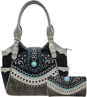 Rustic Western Floral Tooled Laser Cut Turquoise Concho Studded Tote Purse Bag Wallet Set