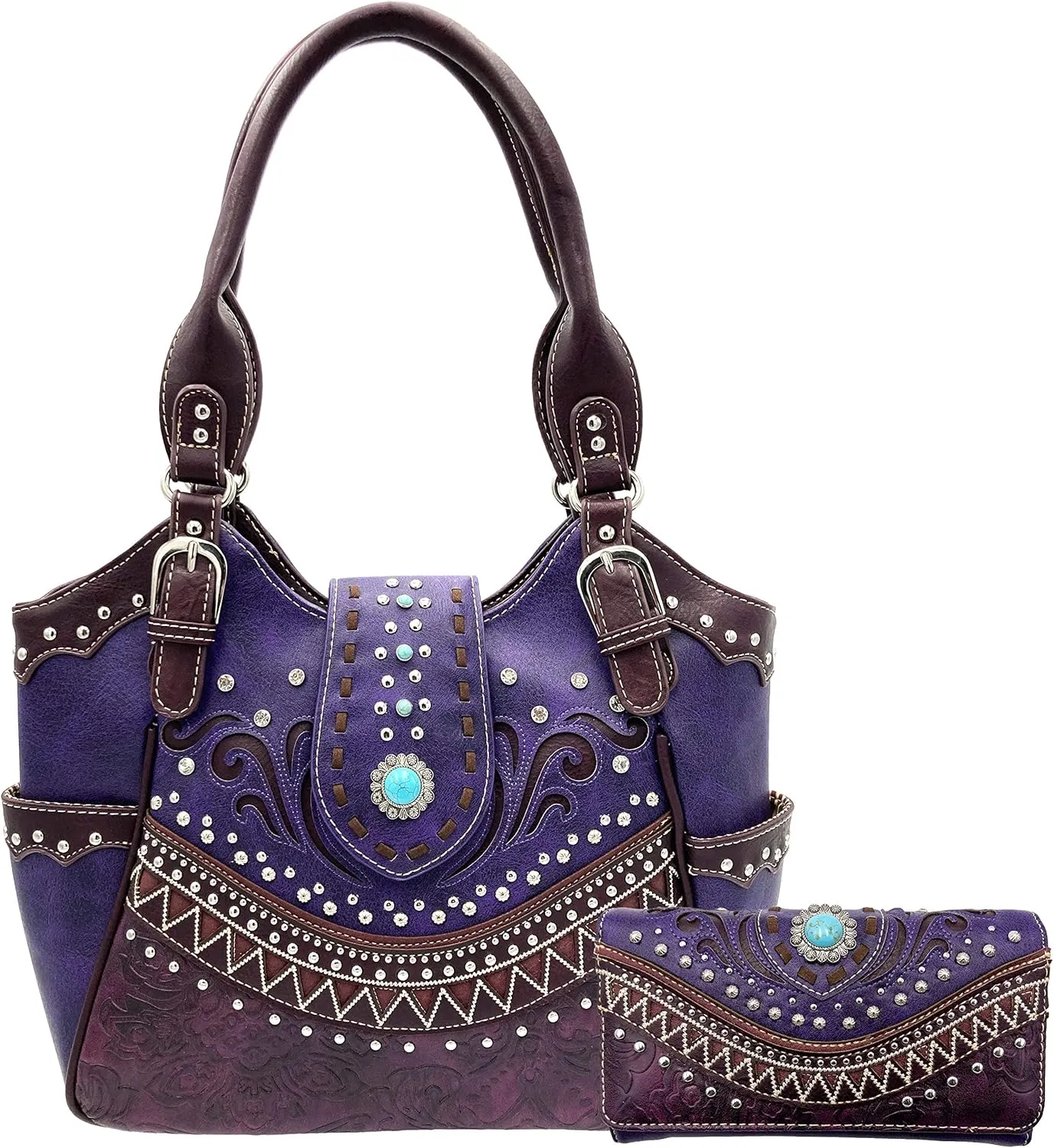 Rustic Western Floral Tooled Laser Cut Turquoise Concho Studded Tote Purse Bag Wallet Set