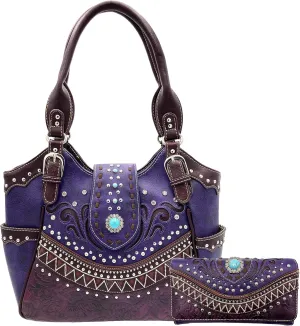 Rustic Western Floral Tooled Laser Cut Turquoise Concho Studded Tote Purse Bag Wallet Set