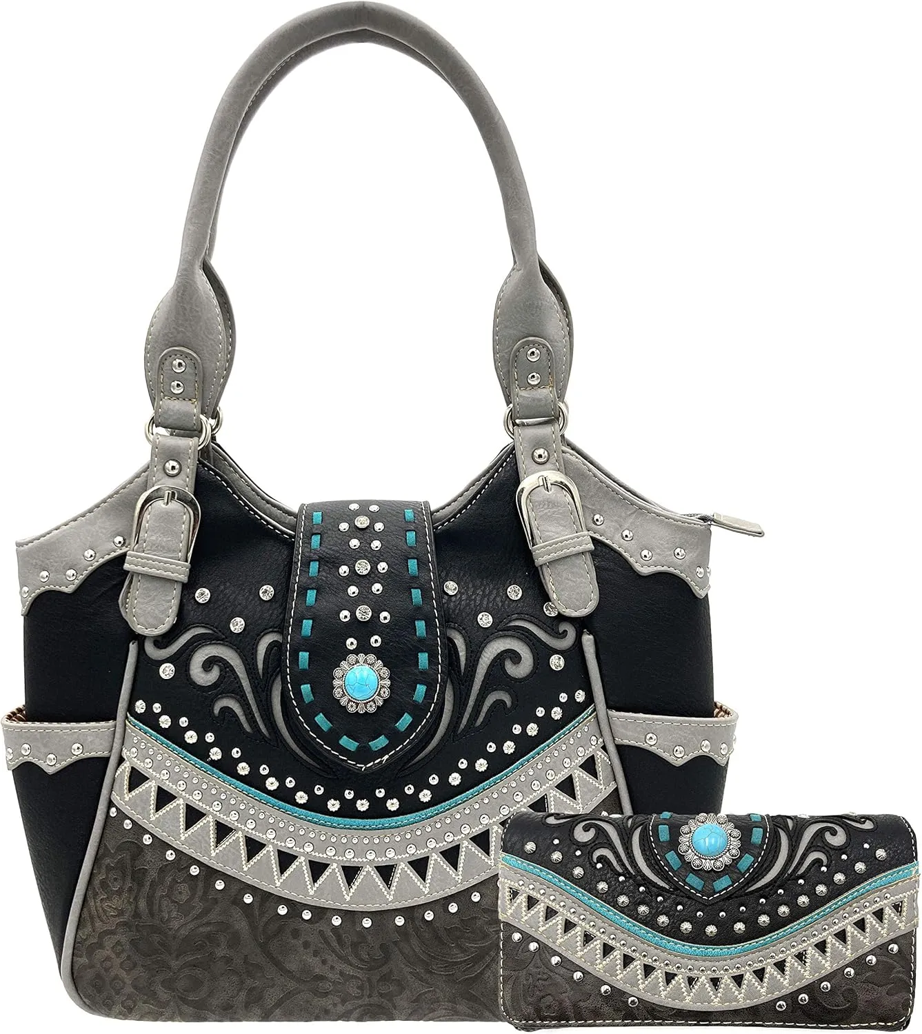 Rustic Western Floral Tooled Laser Cut Turquoise Concho Studded Tote Purse Bag Wallet Set