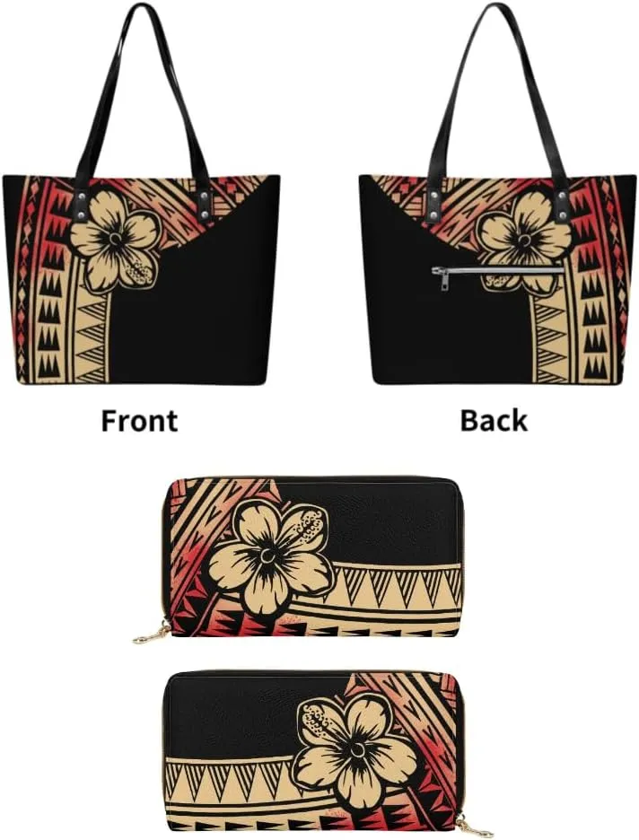 Samoa Tribal Floral Design Fashion Large Capacity Shoulder Bag 2 Piece Set Polynesian Women Leather Handbag And Purse