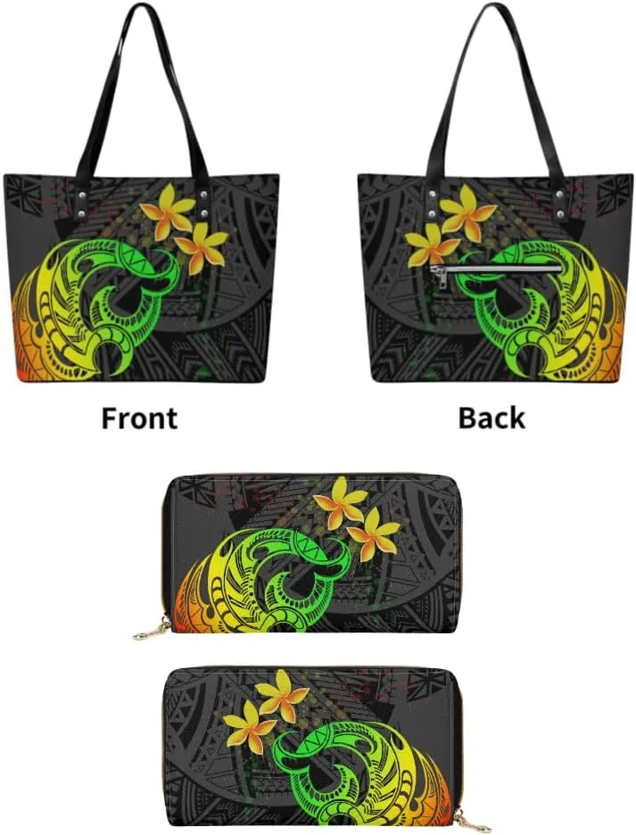 Samoa Tribal Floral Design Fashion Large Capacity Shoulder Bag 2 Piece Set Polynesian Women Leather Handbag And Purse