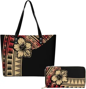 Samoa Tribal Floral Design Fashion Large Capacity Shoulder Bag 2 Piece Set Polynesian Women Leather Handbag And Purse