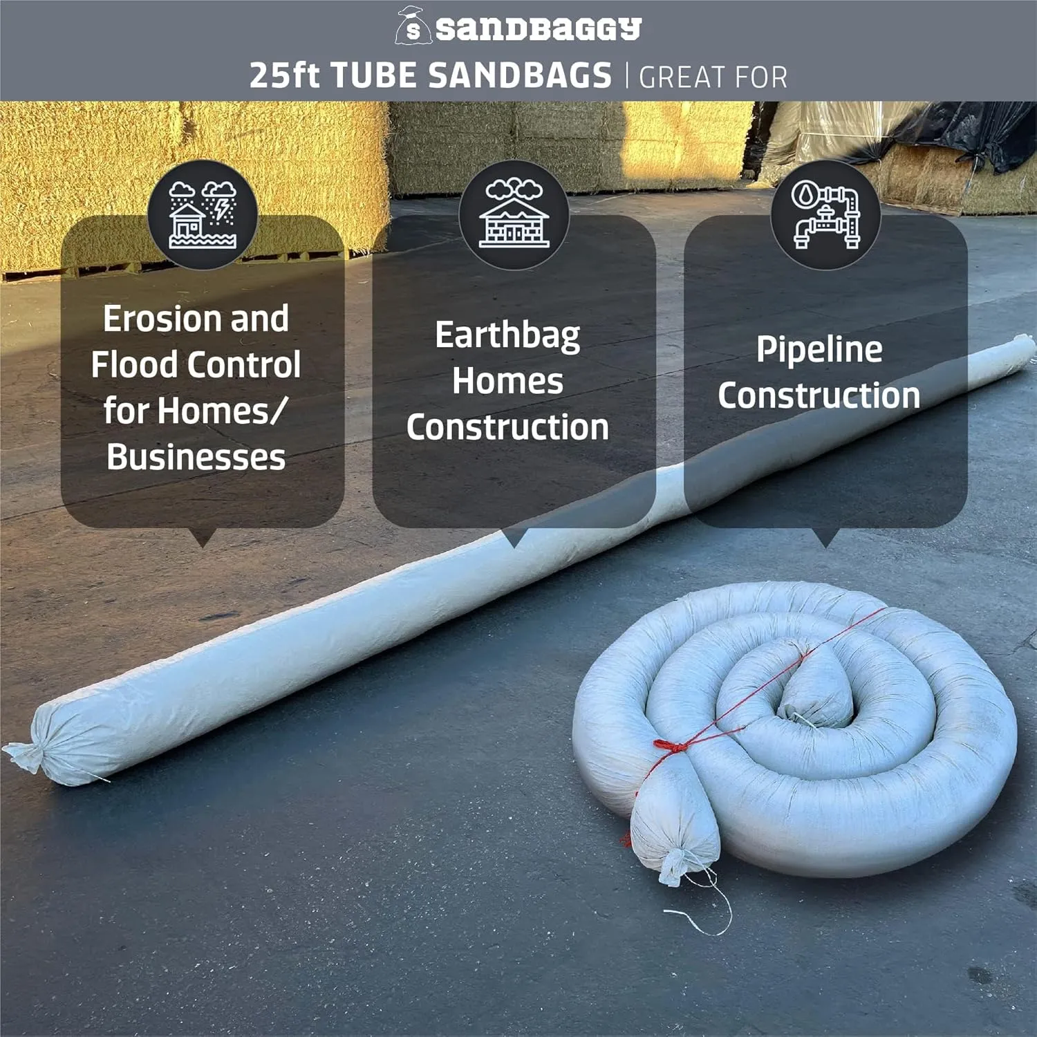 Sandbaggy 25 Ft Empty Tube Sandbags with UV Protection, Helps Build Earthbag Homes Faster, Protects Homes & Businesses from Flooding, Military Grade, Similar to SuperAdobe Bags