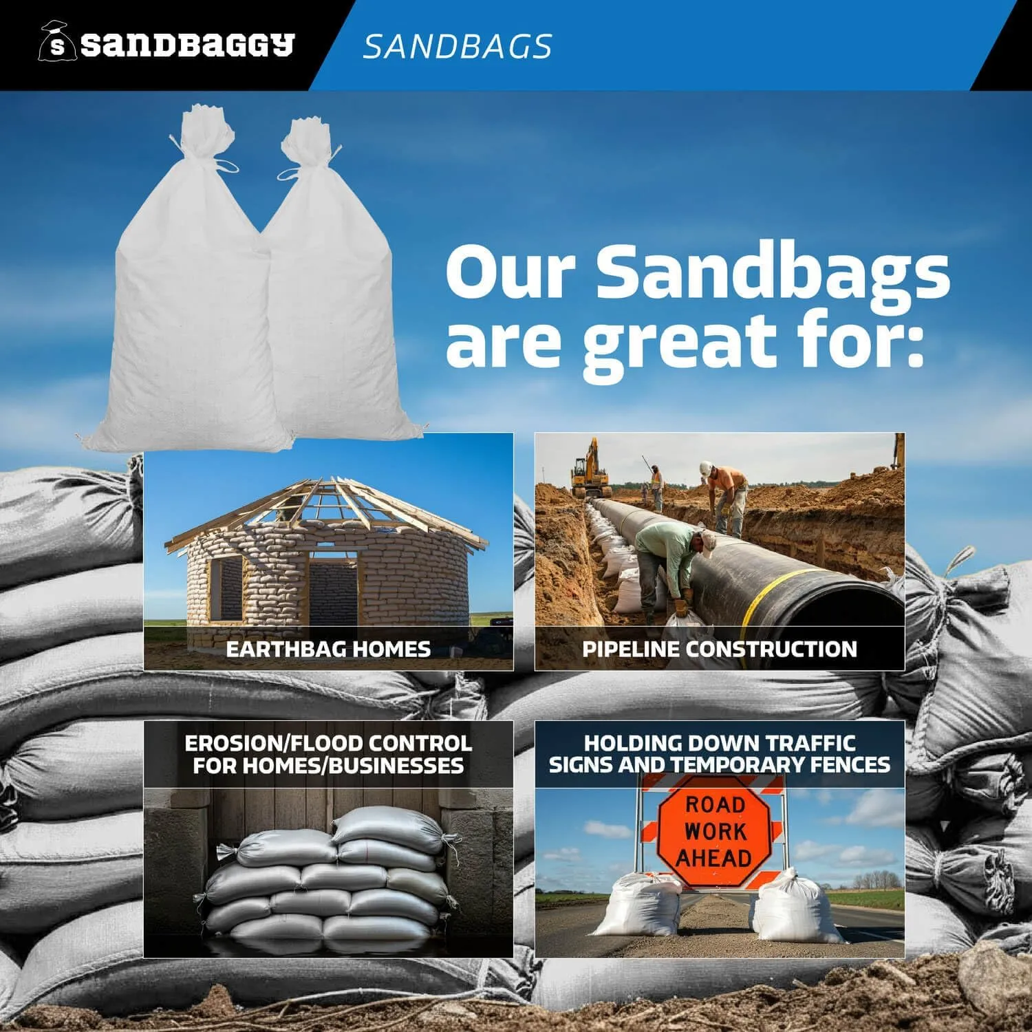 Sandbaggy Sandbags (14" x 26") | Military Grade | Protects Homes & Businesses from Flooding | Sand Bags Trusted by US Military & Forest Service