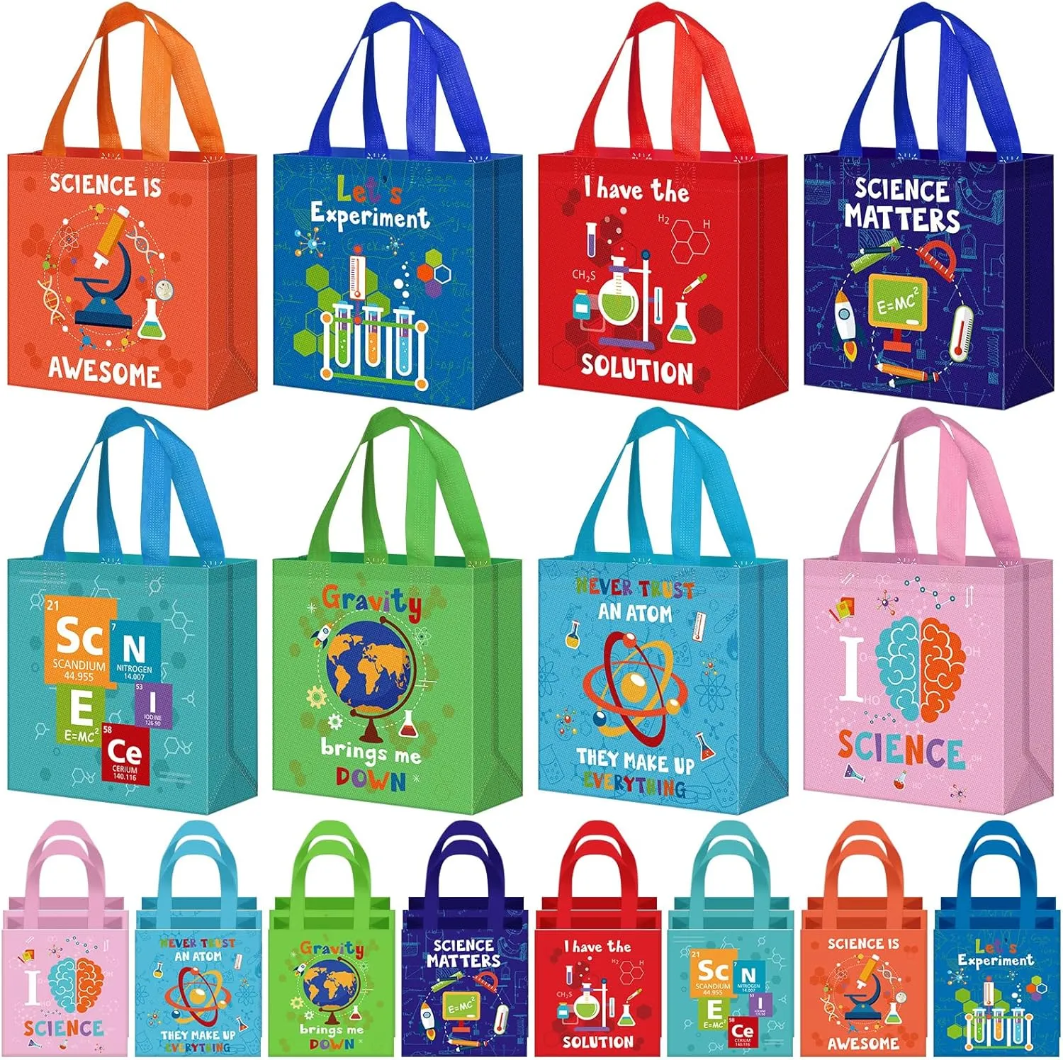Sanwuta 24 Pcs Science Party Favor Bags Goodie Gift Treat Bag with Handles for Kids Students Party Supplies(Colorful)