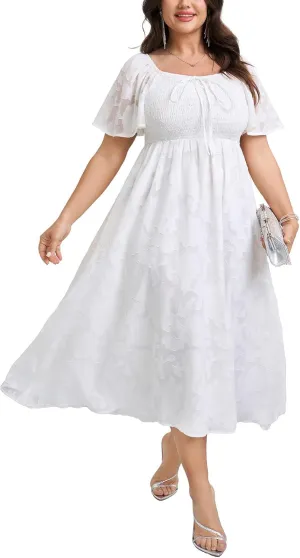 SCOMCHIC Women's Plus Size Formal Dresses Square Neck Short Sleeve Lace Floral Smocked Flowy Long Maxi Wedding Guest Dress