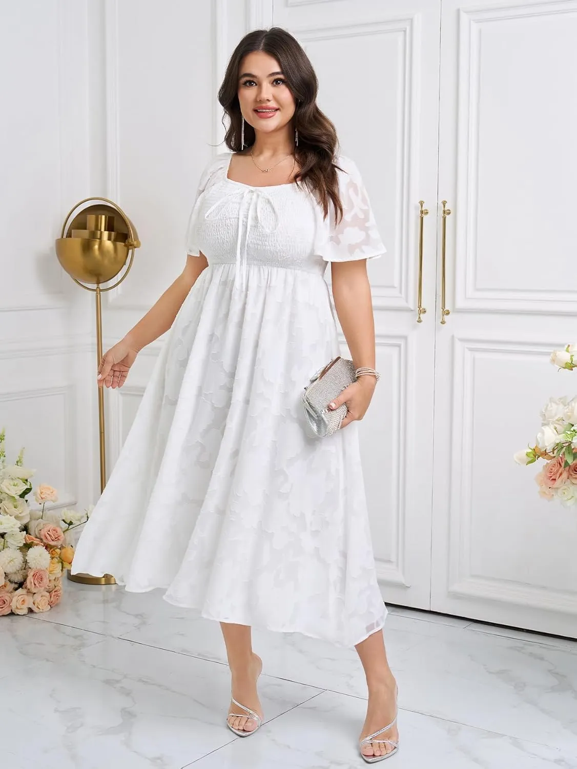 SCOMCHIC Women's Plus Size Formal Dresses Square Neck Short Sleeve Lace Floral Smocked Flowy Long Maxi Wedding Guest Dress