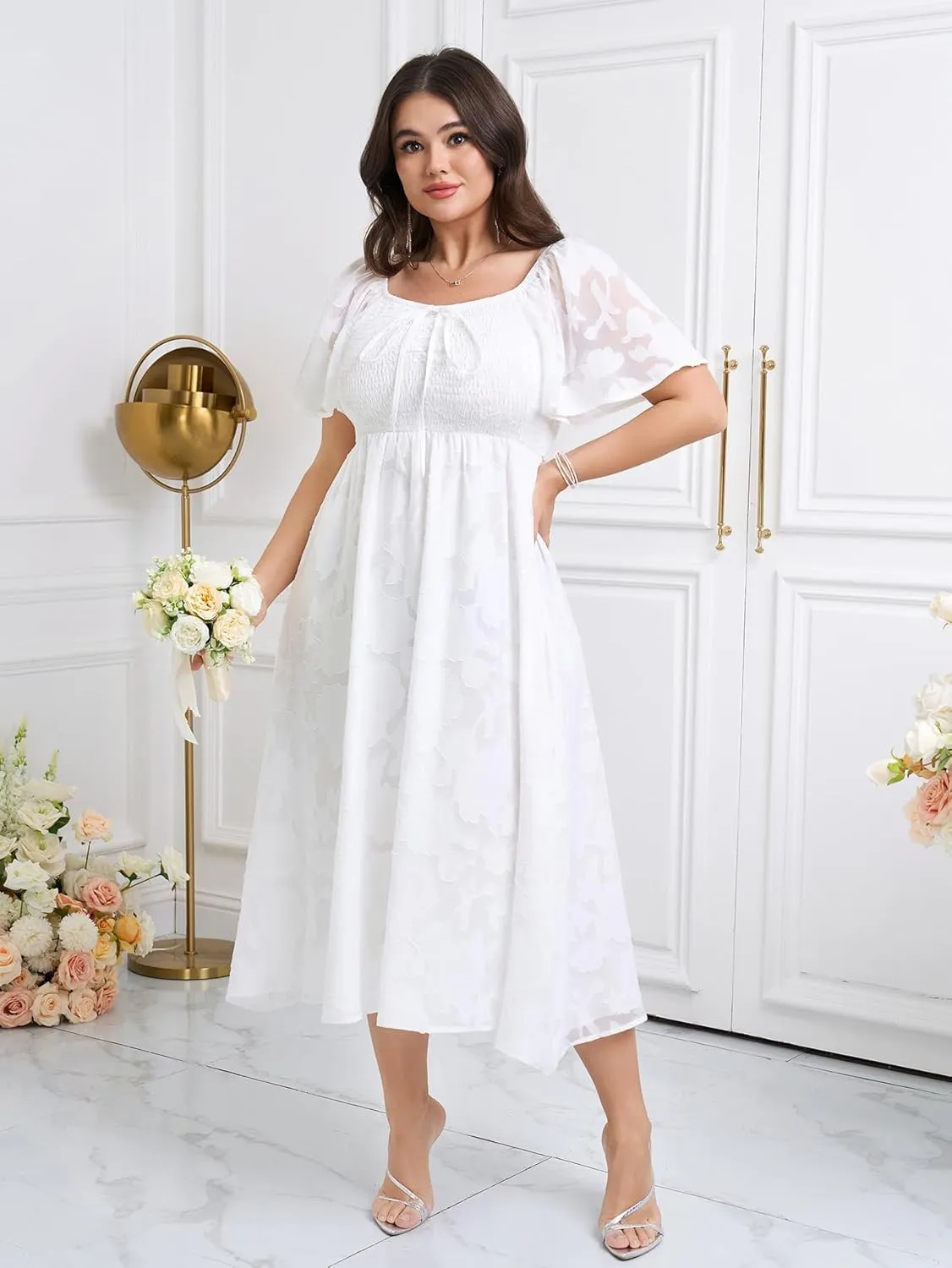 SCOMCHIC Women's Plus Size Formal Dresses Square Neck Short Sleeve Lace Floral Smocked Flowy Long Maxi Wedding Guest Dress