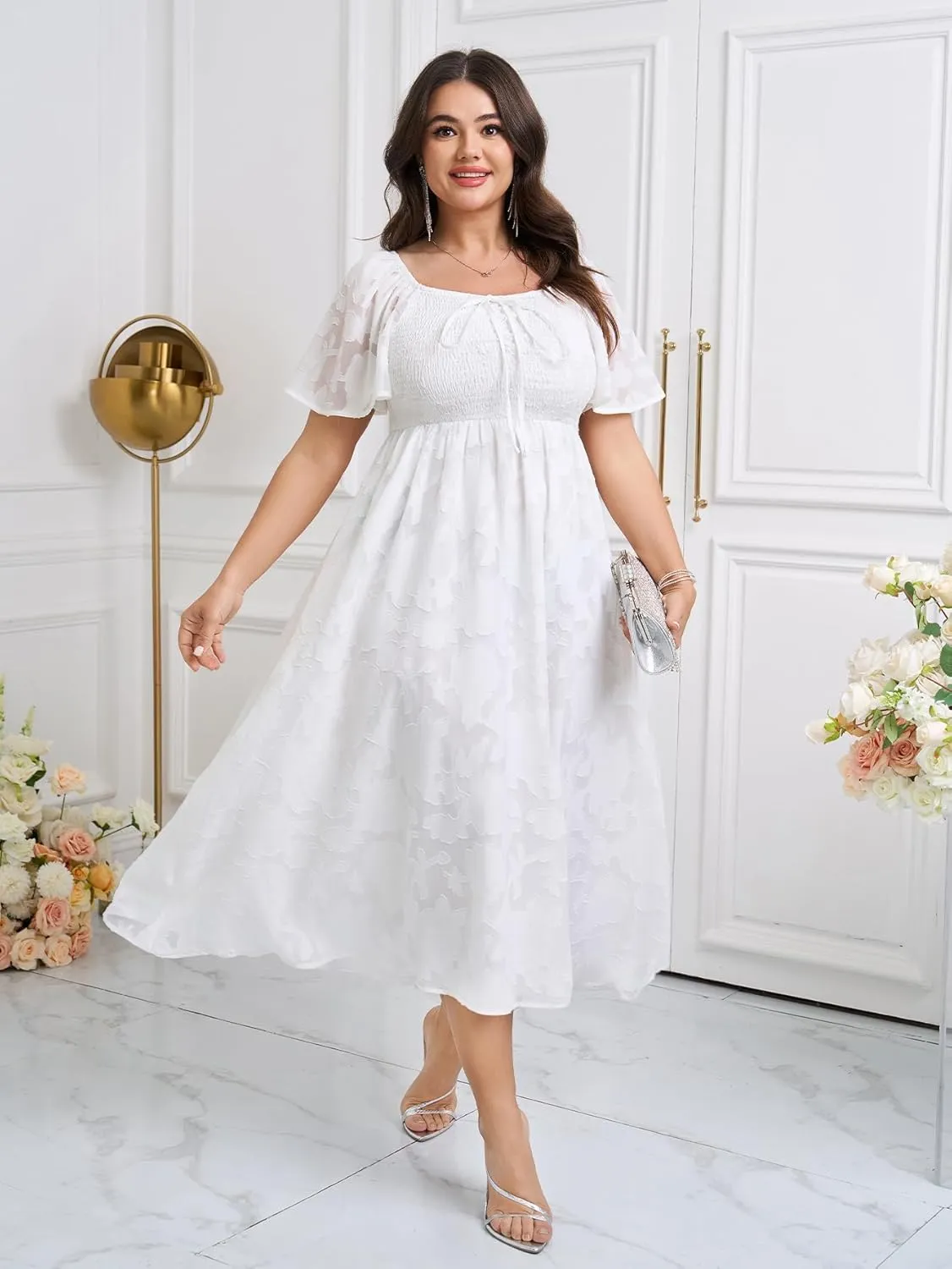 SCOMCHIC Women's Plus Size Formal Dresses Square Neck Short Sleeve Lace Floral Smocked Flowy Long Maxi Wedding Guest Dress