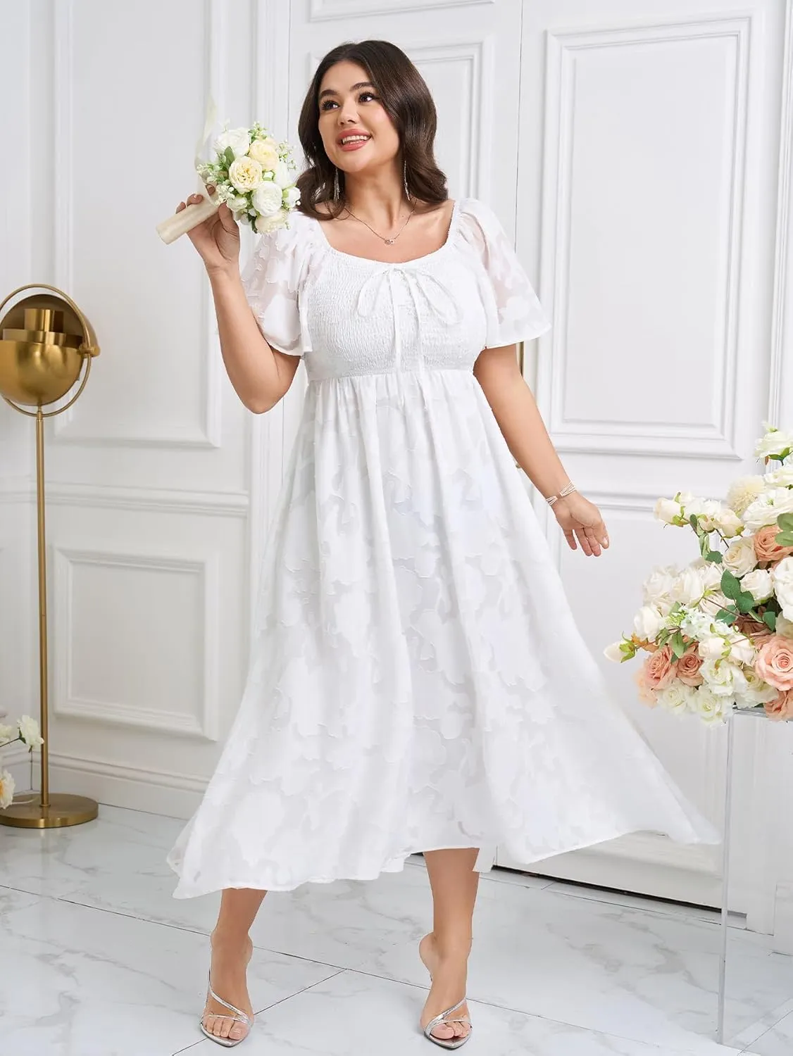 SCOMCHIC Women's Plus Size Formal Dresses Square Neck Short Sleeve Lace Floral Smocked Flowy Long Maxi Wedding Guest Dress