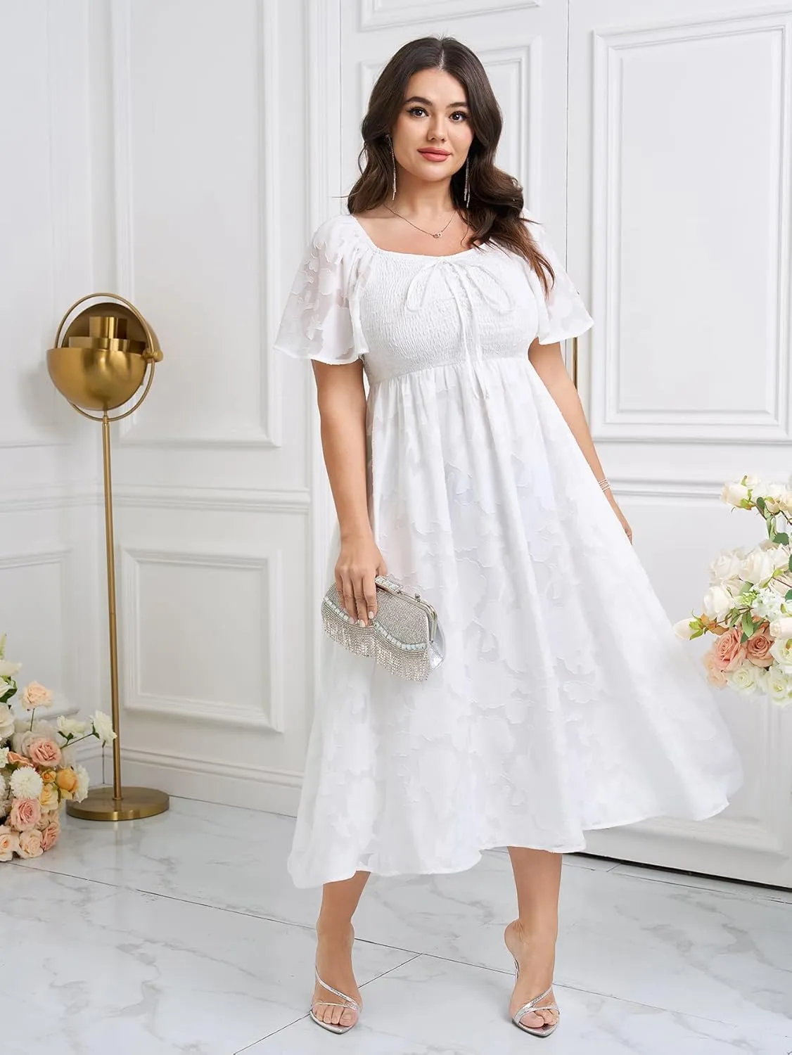 SCOMCHIC Women's Plus Size Formal Dresses Square Neck Short Sleeve Lace Floral Smocked Flowy Long Maxi Wedding Guest Dress