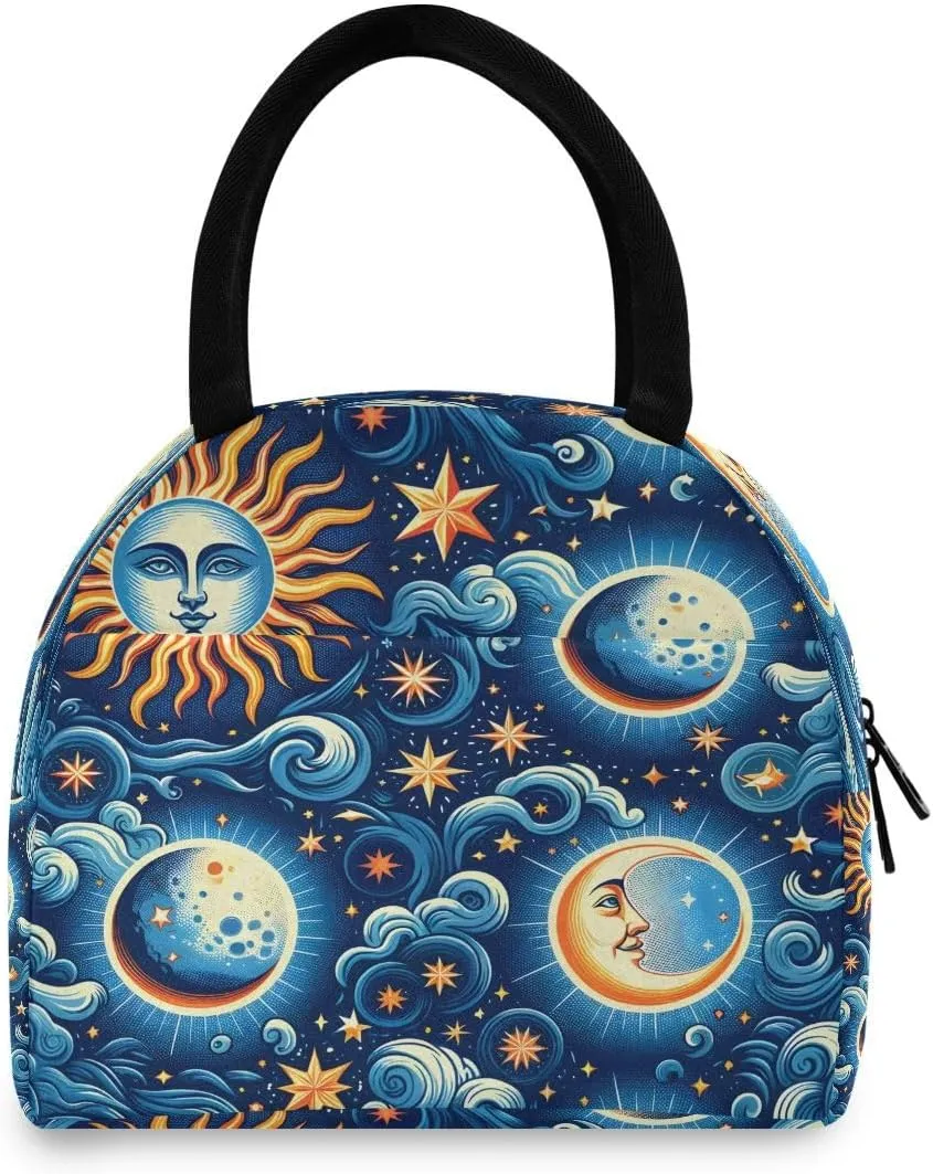 senya Lunch Bag Tote Bag Picnic Travel Cooler Lunch Holder Graffiti Blue Sun Moon Lunch Handbags Box