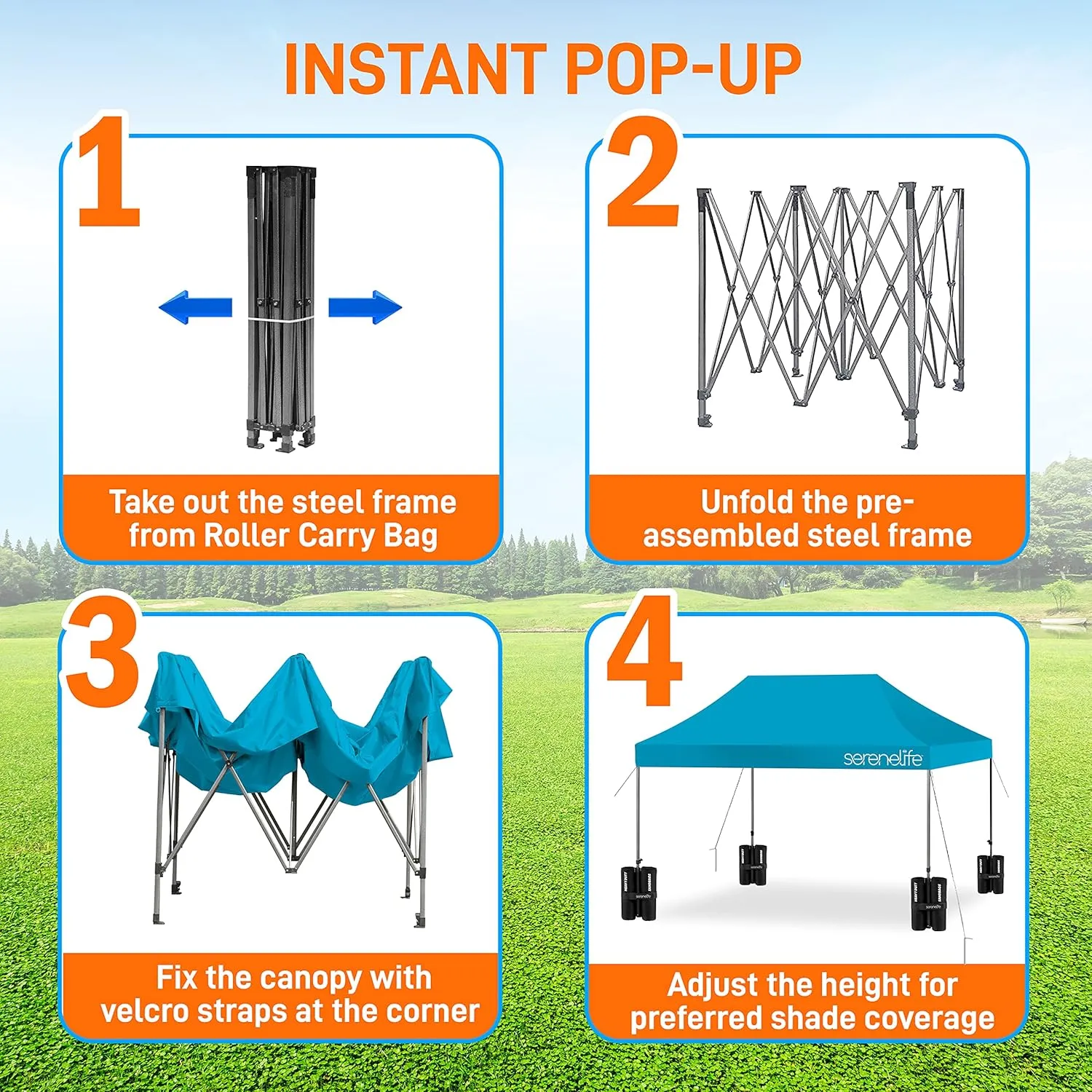 SereneLife SLGZ15SB Pop Commercial Instant Shelter-Waterproof Polyester Tent with Portable Wheeled Carry Sand Bag, 10 x 15 ft. (Sky Blue), 10x15