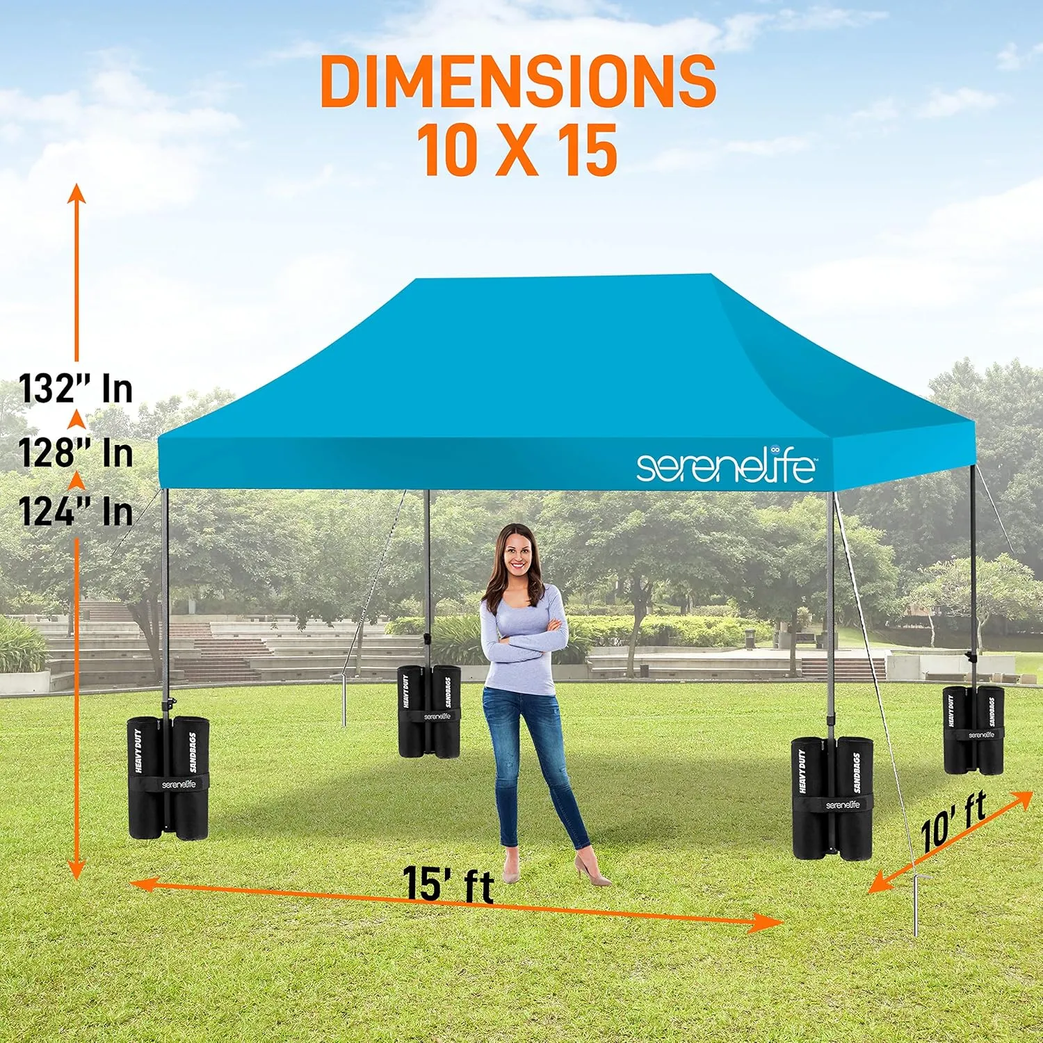 SereneLife SLGZ15SB Pop Commercial Instant Shelter-Waterproof Polyester Tent with Portable Wheeled Carry Sand Bag, 10 x 15 ft. (Sky Blue), 10x15