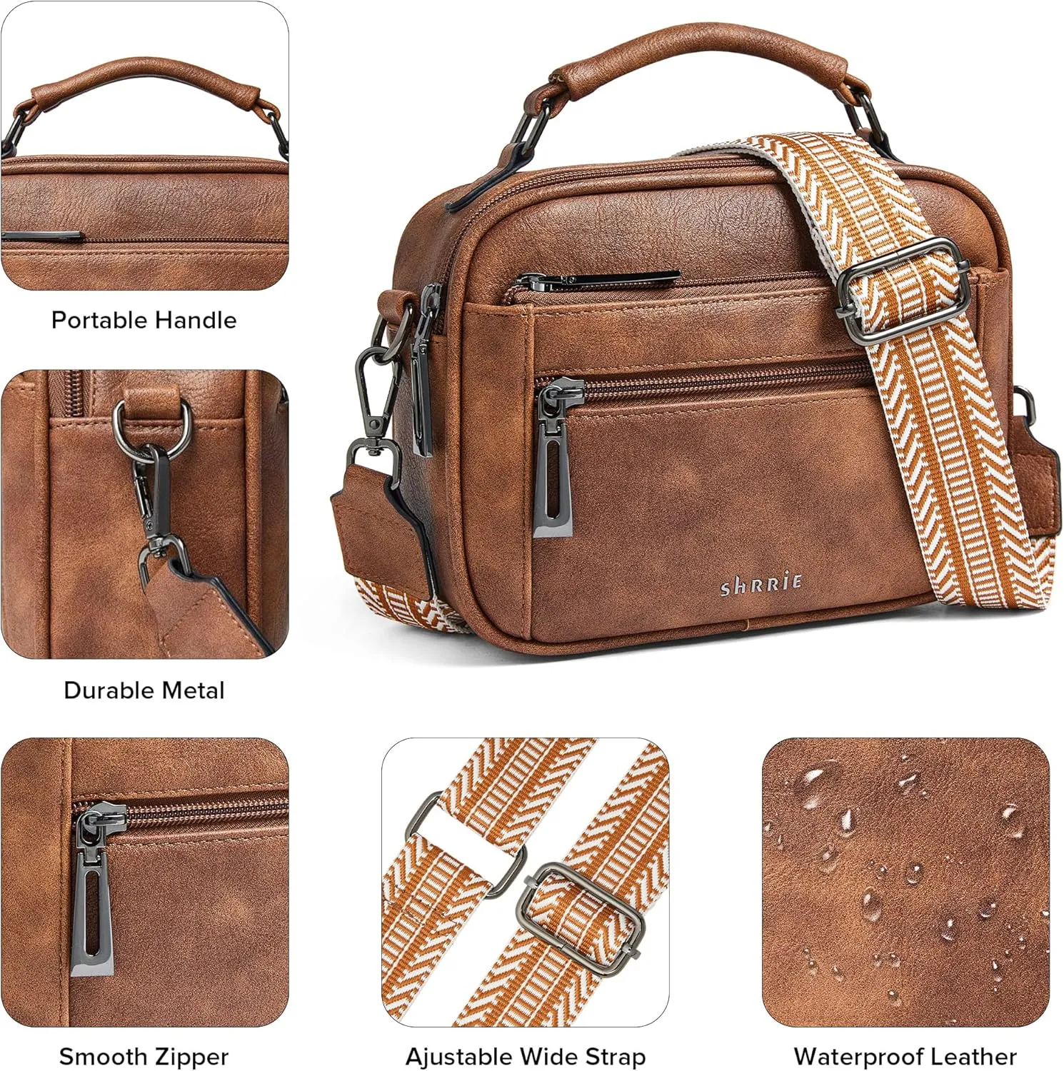 Shrrie Quilted Crossbody Bags for Women - Vegan Leather Crossbody Purses Triple Pocket Small Purses for Women Wide Strap